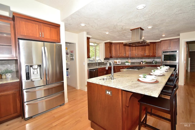 kitchen with decorative backsplash, island range hood, a sink, and stainless steel appliances
