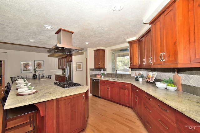 kitchen featuring a sink, appliances with stainless steel finishes, light wood-style floors, island exhaust hood, and decorative backsplash
