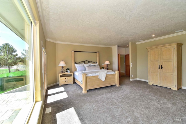 bedroom with access to exterior, carpet flooring, a textured ceiling, and crown molding