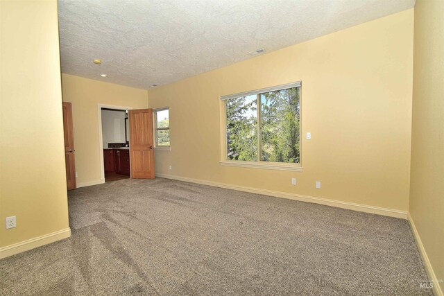 unfurnished room with a textured ceiling, baseboards, and carpet floors
