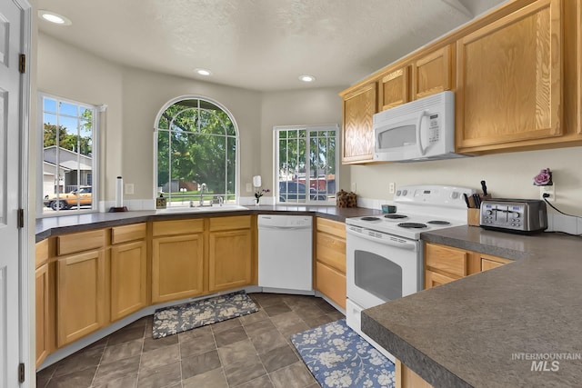 3719 E Sandyford Ave, Nampa, ID 83686 - kitchen with white appliances, healthy amount of natural light, dark countertops, and recessed lighting