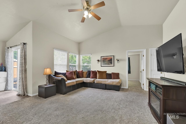 3719 E Sandyford Ave, Nampa, ID 83686 - living area featuring a ceiling fan, carpet floors, and high vaulted ceiling