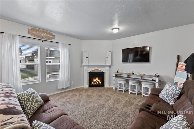1430 NE Quigley St, Mountain Home, ID 83647 - living area featuring a warm lit fireplace, baseboards, carpet, and a textured ceiling
