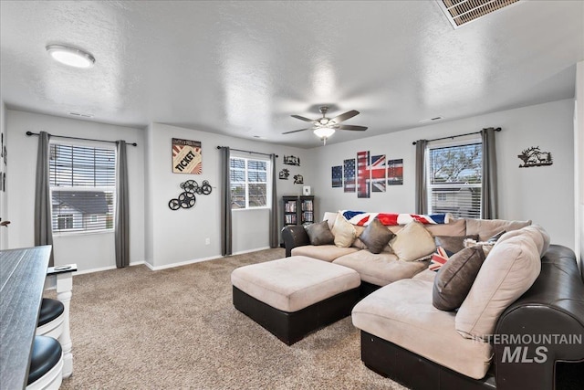 1430 NE Quigley St, Mountain Home, ID 83647 - living area featuring visible vents, a wealth of natural light, carpet flooring, and a textured ceiling