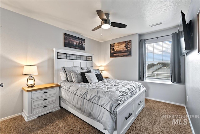 1430 NE Quigley St, Mountain Home, ID 83647 - bedroom with dark carpet, ceiling fan, baseboards, and visible vents