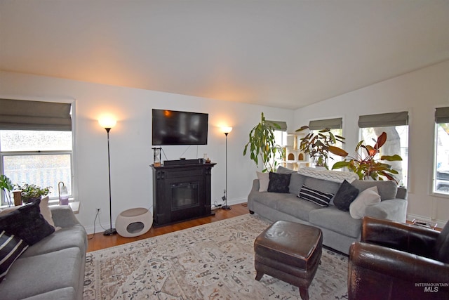 living area featuring a glass covered fireplace, baseboards, lofted ceiling, and wood finished floors