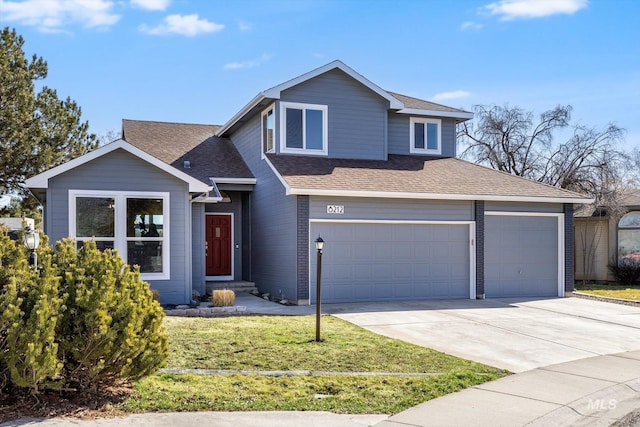 traditional-style house with a front yard, brick siding, driveway, and roof with shingles