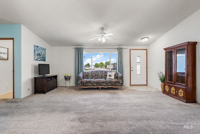 1320 American Ln, Emmett, ID 83617 - carpeted living area with vaulted ceiling and ceiling fan