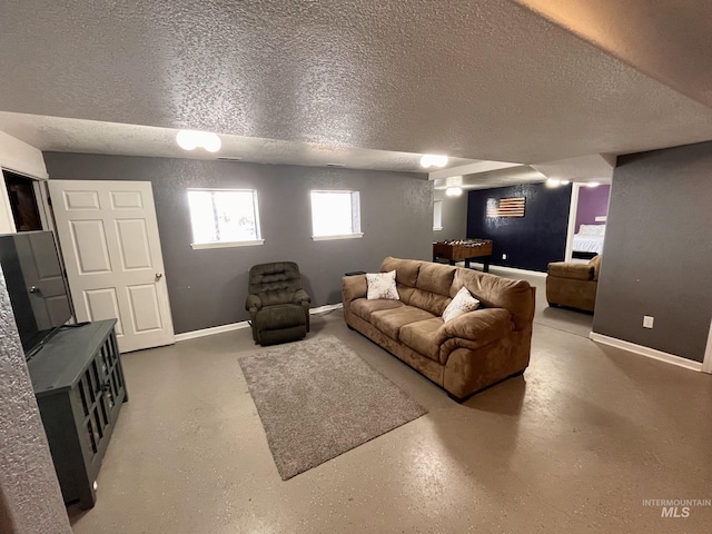 living room with a textured ceiling