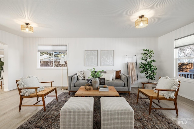 living area with plenty of natural light, light wood-style floors, and baseboards