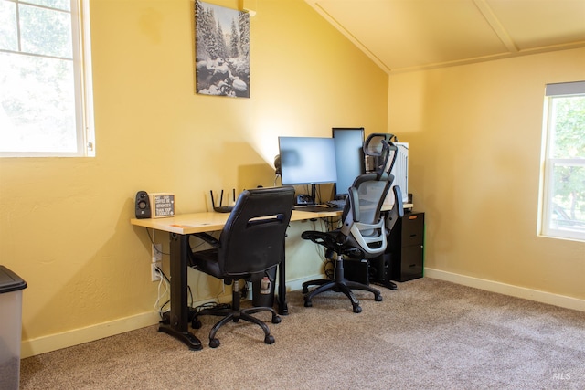 home office featuring baseboards, carpet, and vaulted ceiling