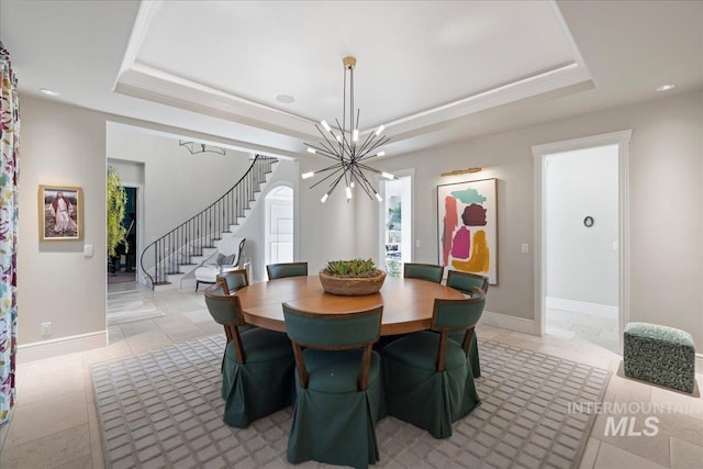 1122 W Two Rivers Ln, Eagle, ID 83616 - dining room featuring stairs, a raised ceiling, a chandelier, and recessed lighting