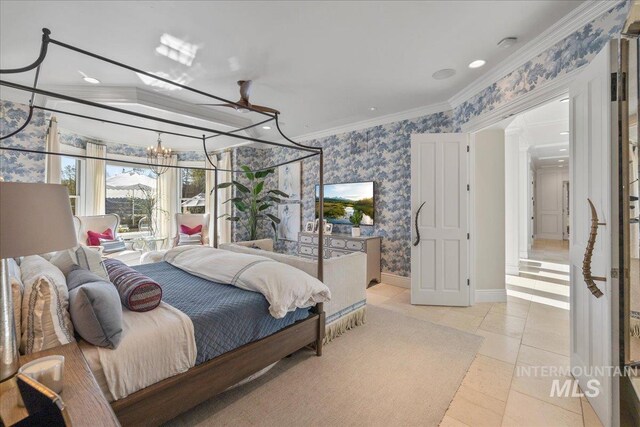 1122 W Two Rivers Ln, Eagle, ID 83616 - bedroom with wallpapered walls, ornamental molding, a chandelier, recessed lighting, and baseboards