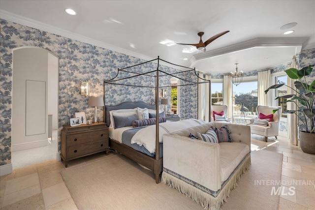 1122 W Two Rivers Ln, Eagle, ID 83616 - bedroom with ornamental molding, recessed lighting, baseboards, a chandelier, and wallpapered walls