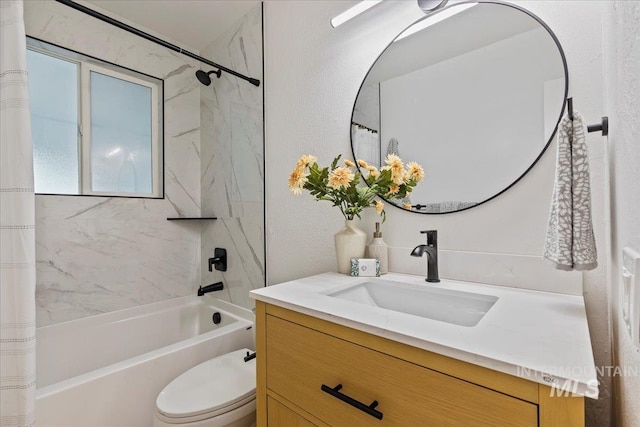 bathroom featuring vanity, toilet, and shower / bathtub combination with curtain