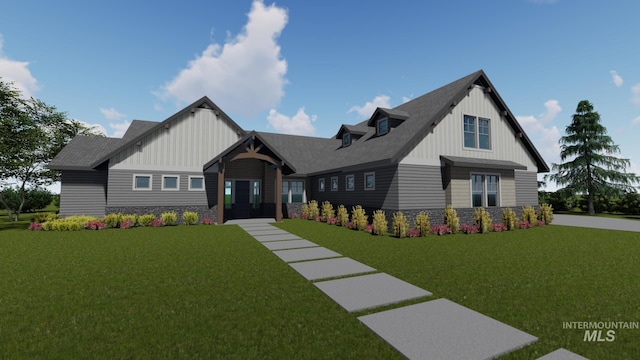 view of front of property featuring stone siding, a front lawn, board and batten siding, and roof with shingles