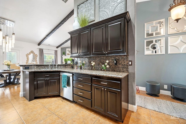 kitchen with dishwasher, light tile patterned floors, beamed ceiling, dark brown cabinetry, and tasteful backsplash