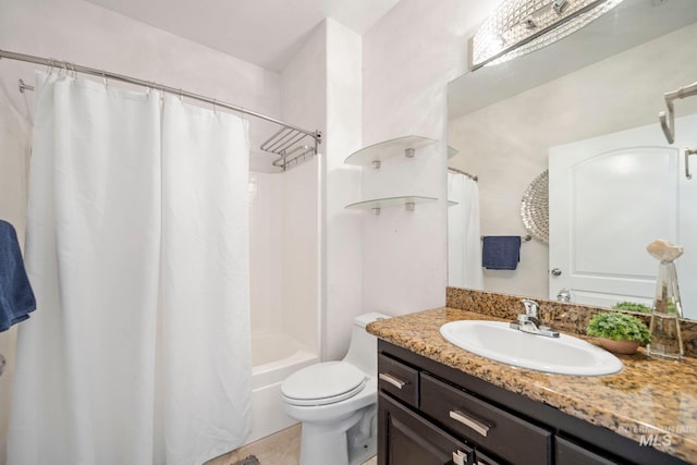 bathroom featuring vanity, shower / bathtub combination with curtain, and toilet