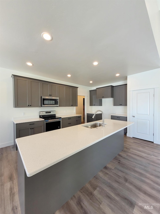 kitchen featuring wood-type flooring, sink, stainless steel appliances, a center island with sink, and gray cabinets