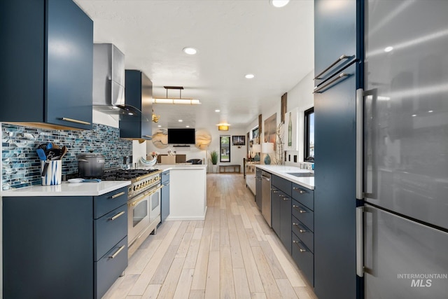 2402 Columbus, Boise, ID 83705 - kitchen featuring high quality appliances, blue cabinetry, light countertops, light wood-style floors, and recessed lighting