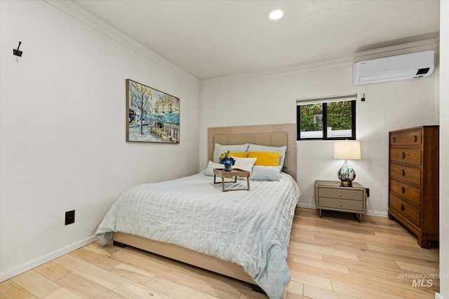 2402 Columbus, Boise, ID 83705 - bedroom featuring a wall mounted AC, light wood-style flooring, ornamental molding, baseboards, and recessed lighting