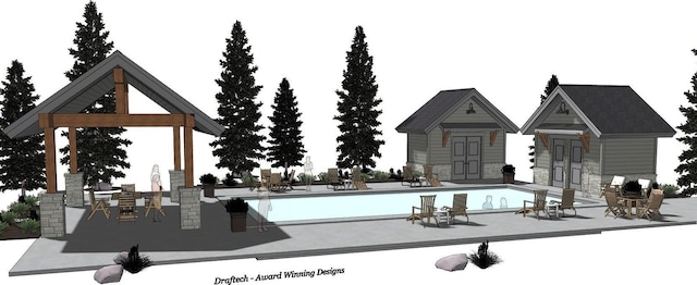 outdoor pool with an outbuilding, a shed, and a patio area