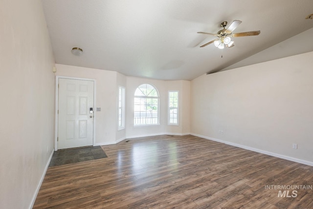 4709 Pioneer Ave, Caldwell, ID 83607 - entryway with lofted ceiling, wood finished floors, a ceiling fan, and baseboards