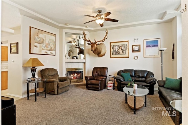 3012 Myrtlewood Way, Nampa, ID 83686 - carpeted living area with ceiling fan and a fireplace