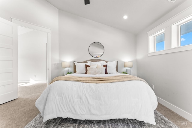 bedroom featuring baseboards, a ceiling fan, carpet, and recessed lighting