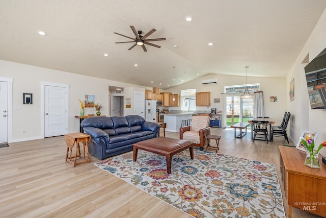 8142 US Highway 95, Marsing, ID 83639 - living area featuring lofted ceiling, light wood-style floors, ceiling fan, recessed lighting, and baseboards