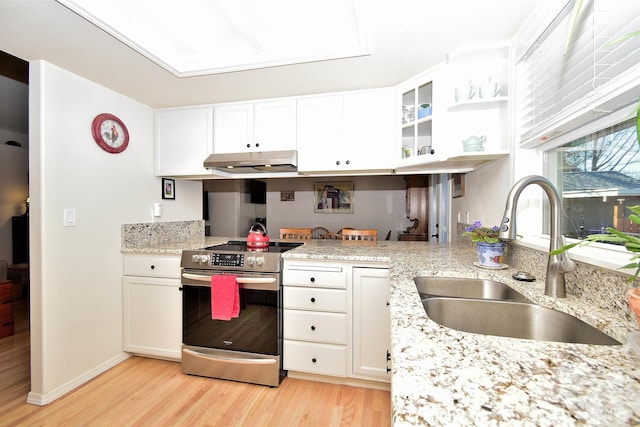 kitchen with white cabinetry, sink, electric range, light stone countertops, and light wood-type flooring