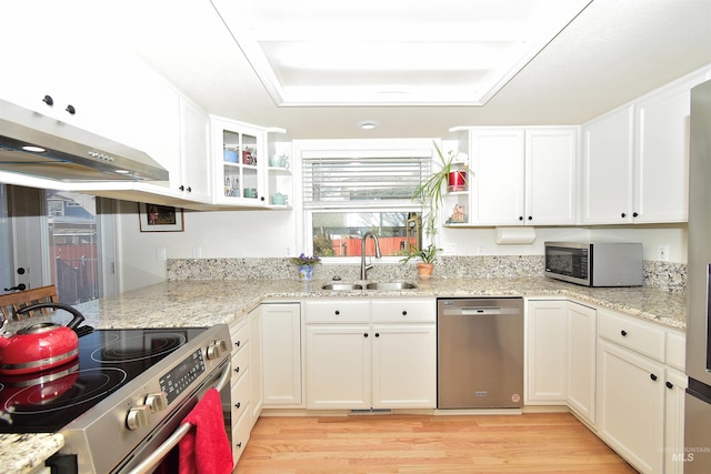 kitchen featuring sink, white cabinetry, ventilation hood, stainless steel appliances, and light stone countertops