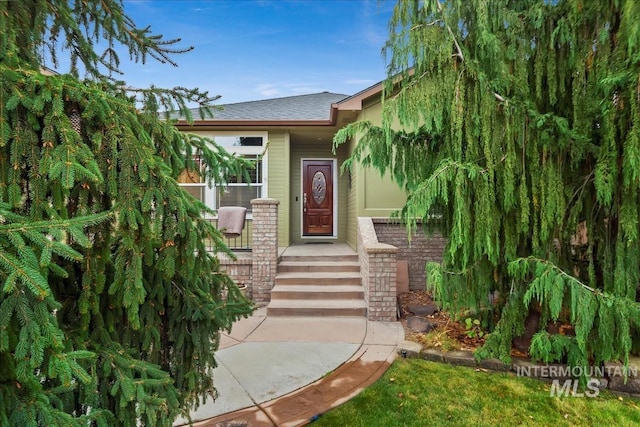 doorway to property featuring a shingled roof