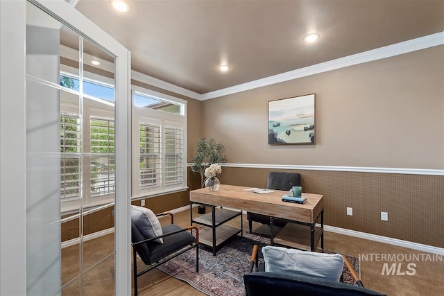 office space featuring ornamental molding, wainscoting, baseboards, recessed lighting, and carpet