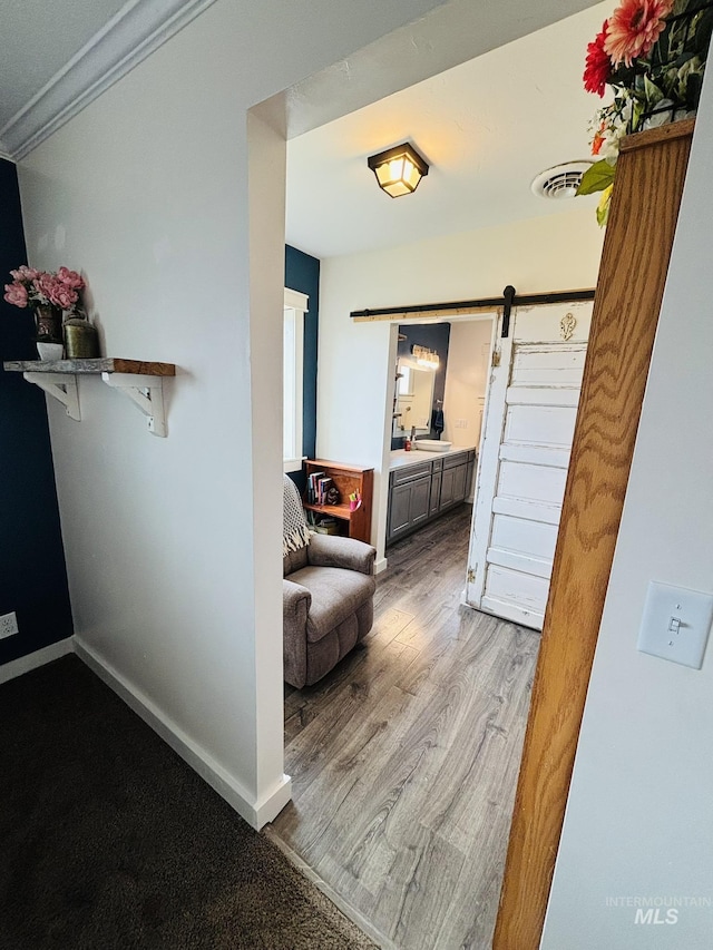 802 S 9th St, Rupert, ID 83350 - corridor with a barn door, a sink, wood finished floors, and baseboards
