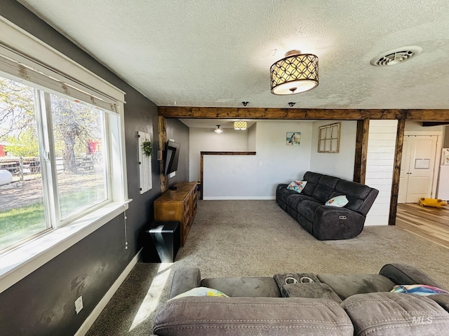 802 S 9th St, Rupert, ID 83350 - carpeted living room with a textured ceiling and baseboards