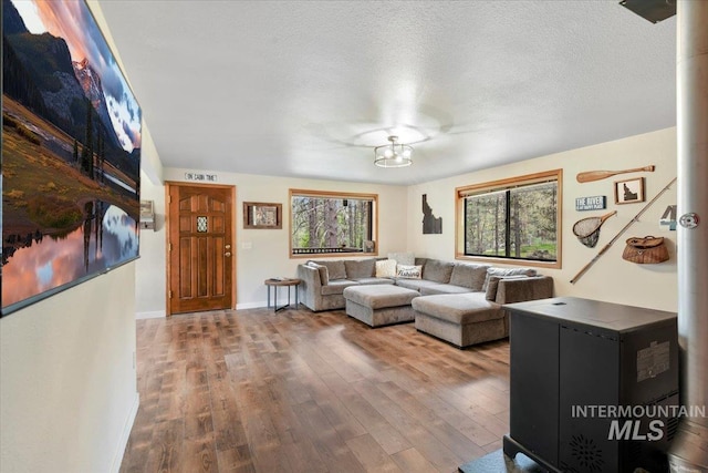 76 W Castle Creek Rd, Garden Valley, ID 83622 - living room featuring wood finished floors, baseboards, and a textured ceiling