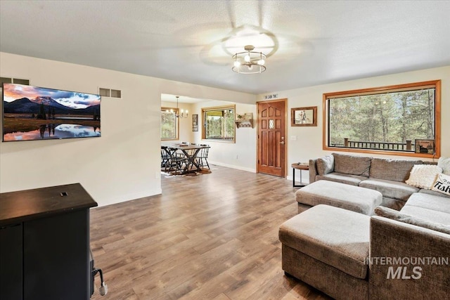 76 W Castle Creek Rd, Garden Valley, ID 83622 - living room featuring a chandelier, wood finished floors, and baseboards