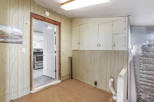 washroom with wooden walls and light colored carpet