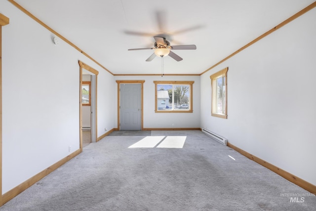 empty room featuring ceiling fan, light carpet, baseboards, and a baseboard radiator
