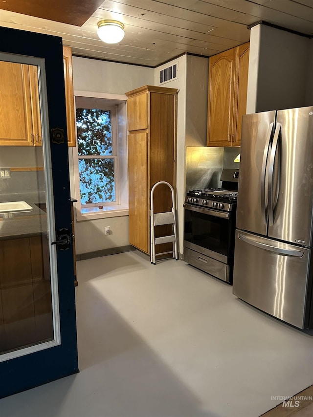 kitchen with stainless steel appliances, concrete floors, and wood ceiling