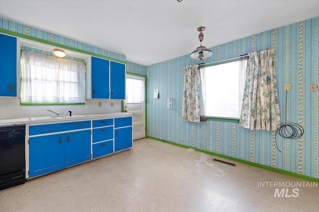 kitchen with wallpapered walls, black dishwasher, baseboards, blue cabinets, and a sink