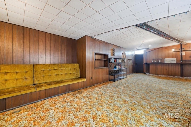 interior space with carpet flooring and wooden walls