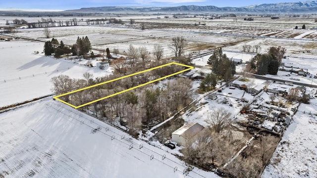 snowy aerial view featuring a mountain view