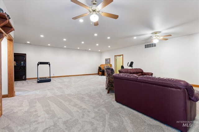 520 9th St, Middleton, ID 83644 - living room with visible vents, baseboards, ceiling fan, recessed lighting, and light carpet