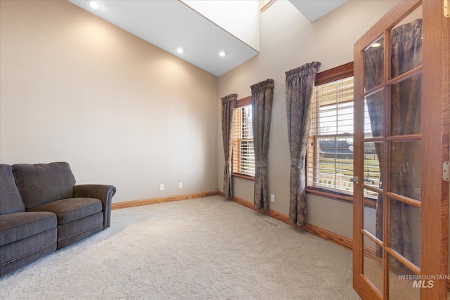 520 9th St, Middleton, ID 83644 - sitting room featuring visible vents, baseboards, recessed lighting, lofted ceiling, and carpet floors