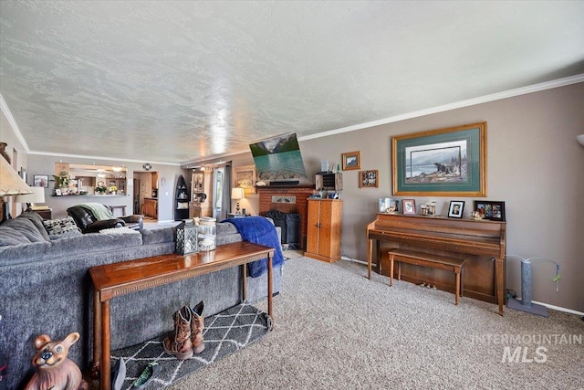 705 H St, Rupert, ID 83350 - carpeted living room with crown molding, baseboards, and a brick fireplace