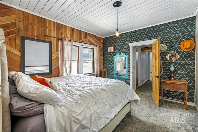 353 7th Ave E, Twin Falls, ID 83301 - carpeted bedroom with crown molding, wooden ceiling, and wooden walls