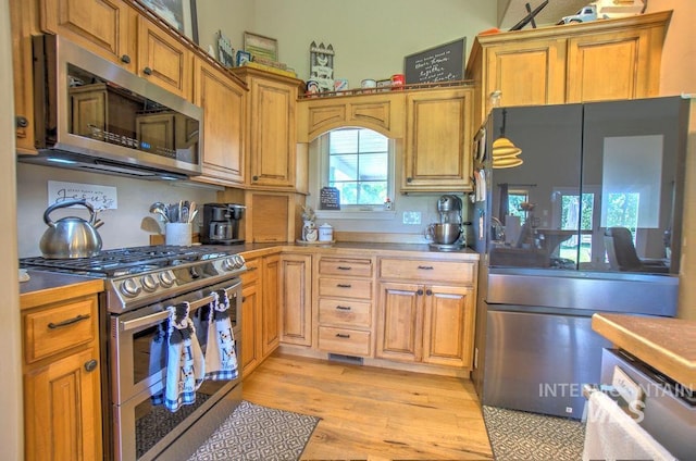 kitchen featuring appliances with stainless steel finishes and light hardwood / wood-style flooring