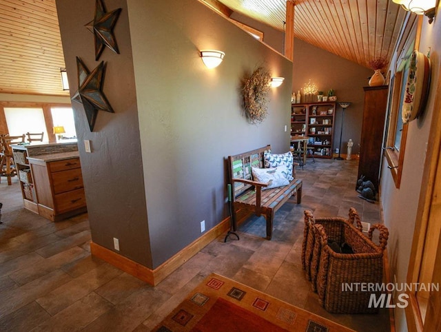 986 Valley Rim Rd, Mccall, ID 83638 - hallway with vaulted ceiling, wooden ceiling, and baseboards